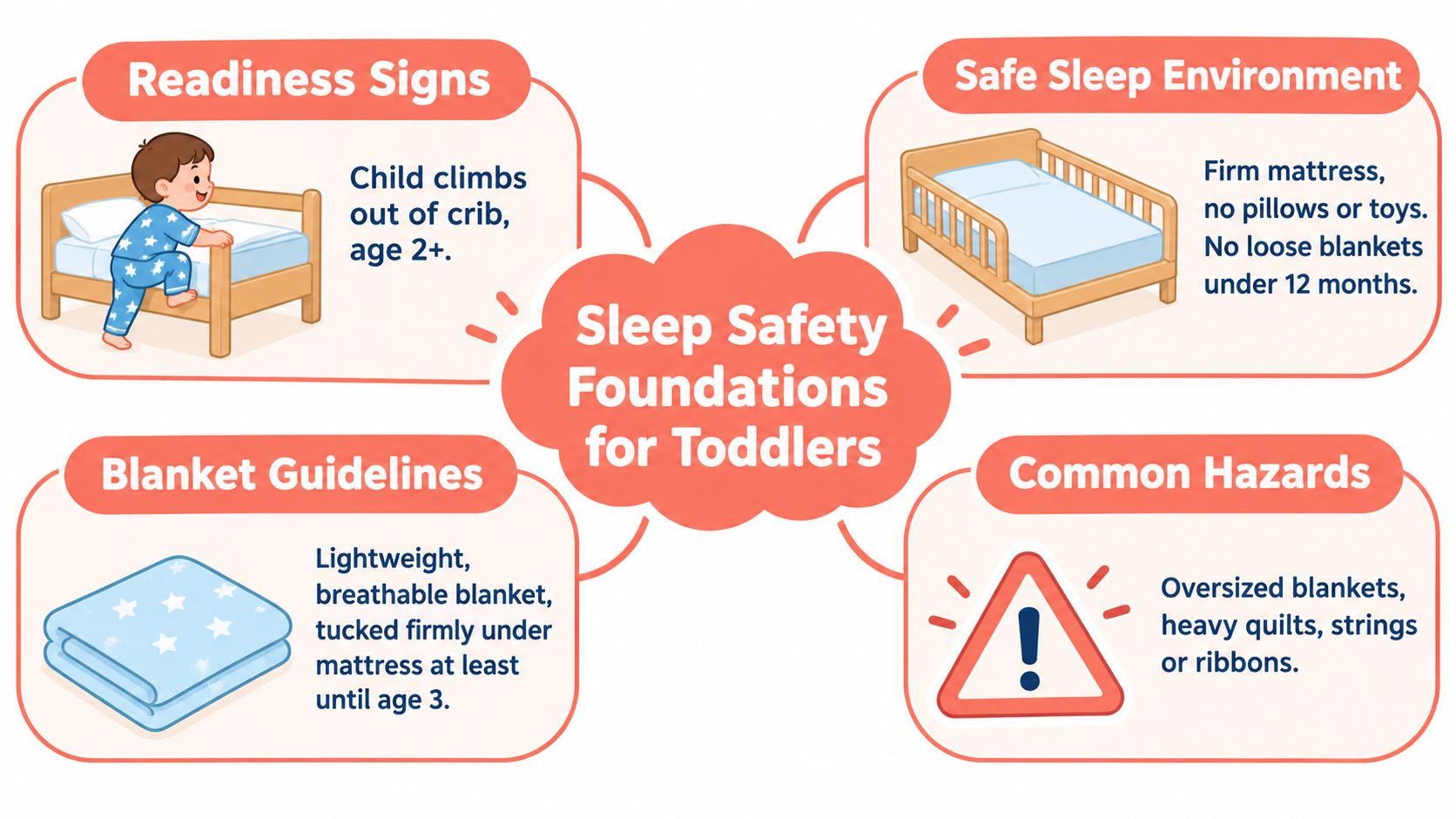 A safety infographic illustrating guidelines for a toddler sleep environment, including readiness, bedding, and common hazards.