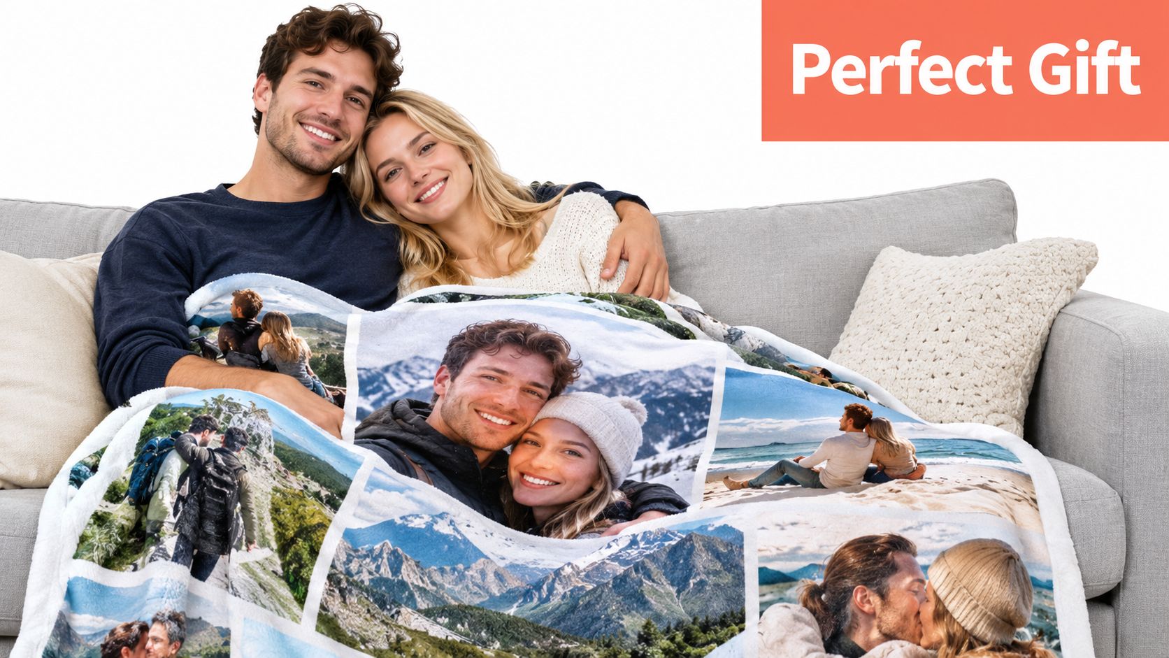 A smiling couple sits on a couch under a personalized photo collage fleece blanket gift.