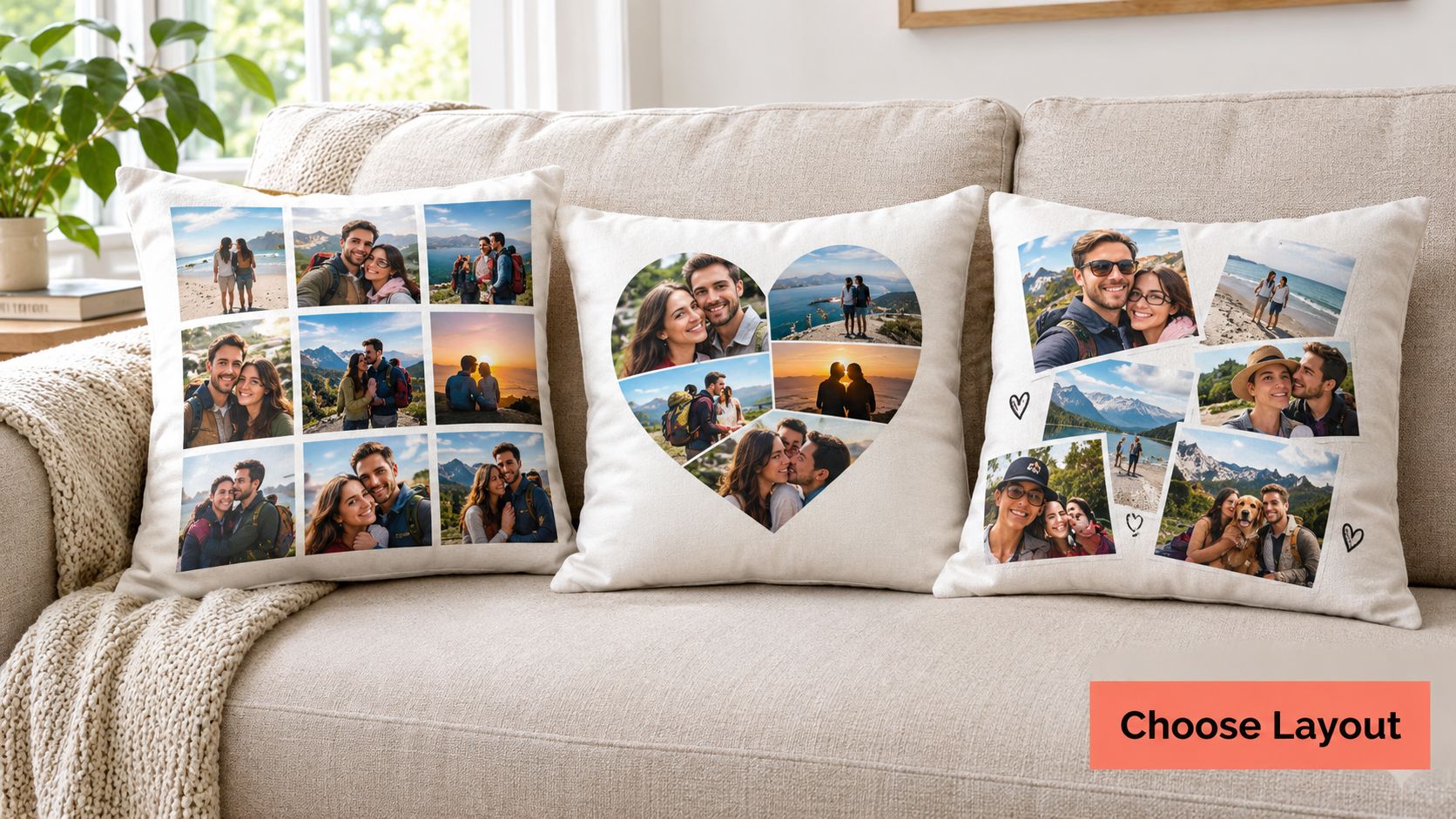 Three decorative throw pillows displaying custom photo collages of a couple, arranged on a beige sofa.