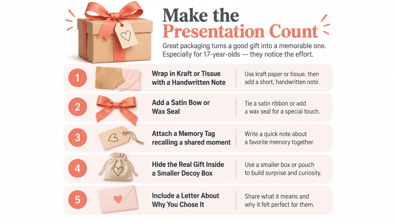 An infographic titled Make the Presentation Count with five creative gift wrapping tips for teenagers.