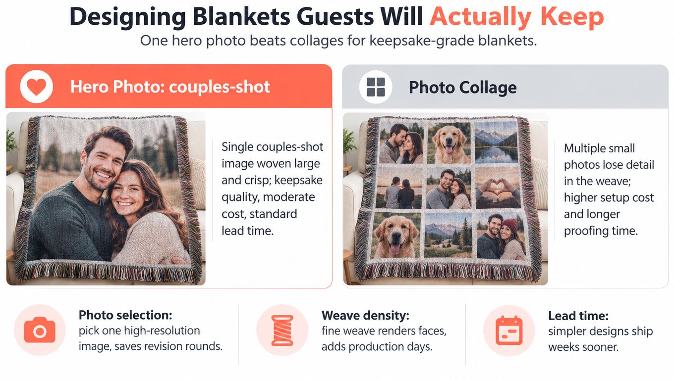 A comparison guide showing how a single high-quality hero photo creates better personalized blankets than photo collages.