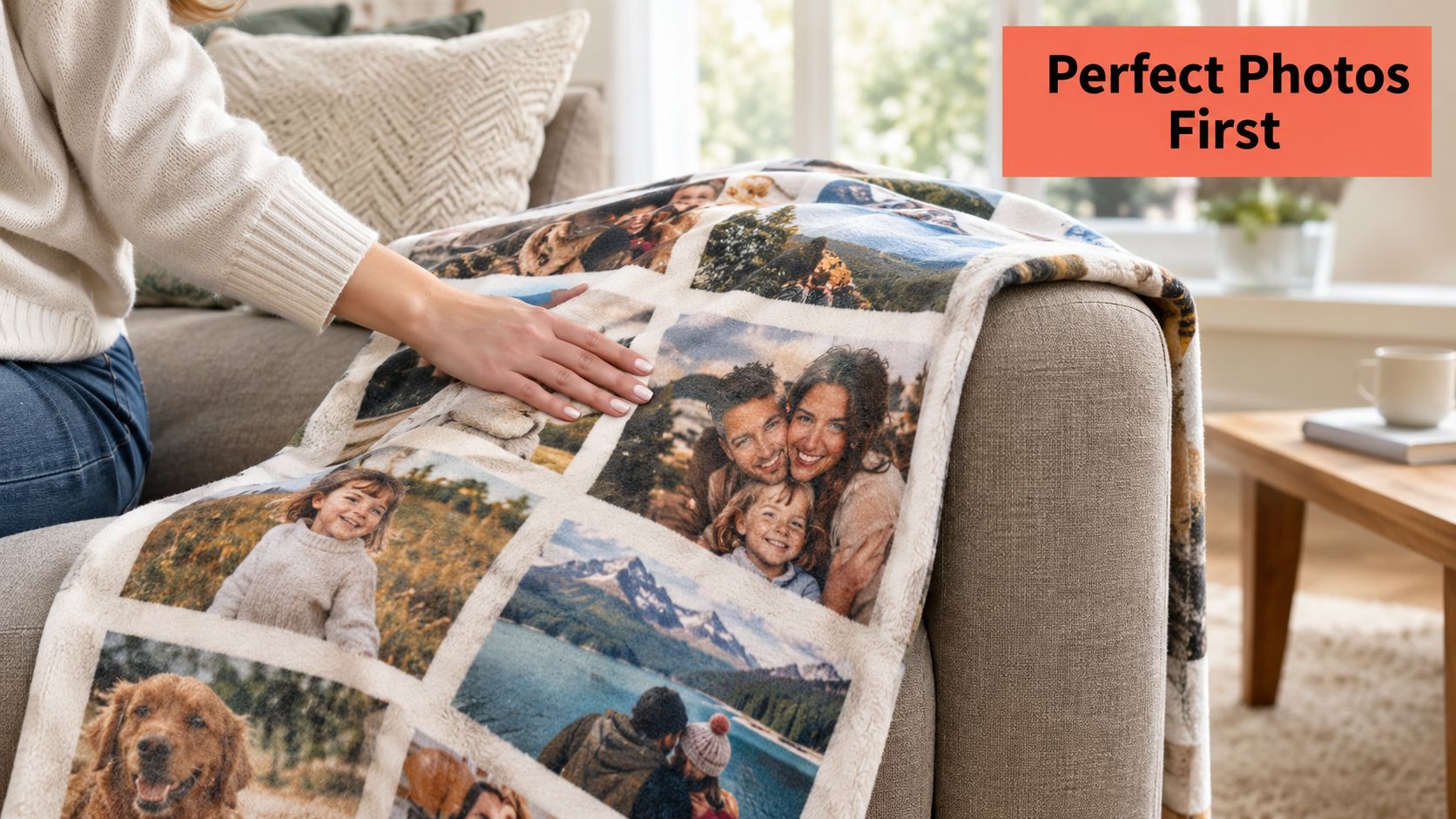 A woman gently touching a cozy personalized photo blanket featuring various family memories on a sofa.