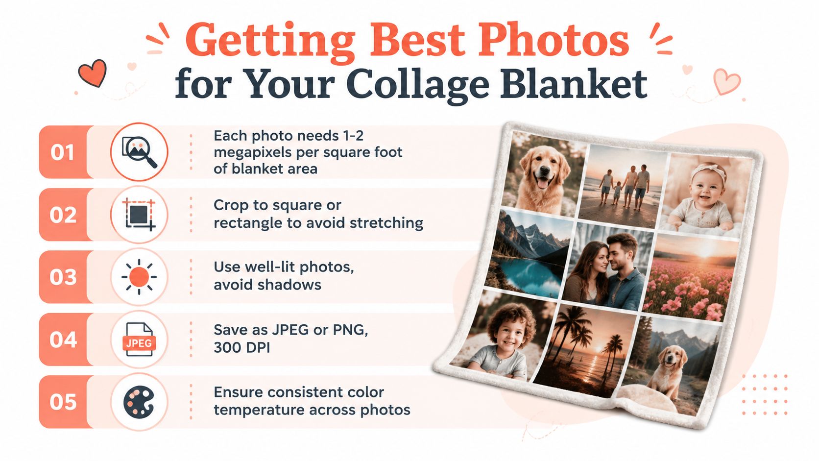 An infographic titled Getting Best Photos for Your Collage Blanket offering five tips for preparing quality images.