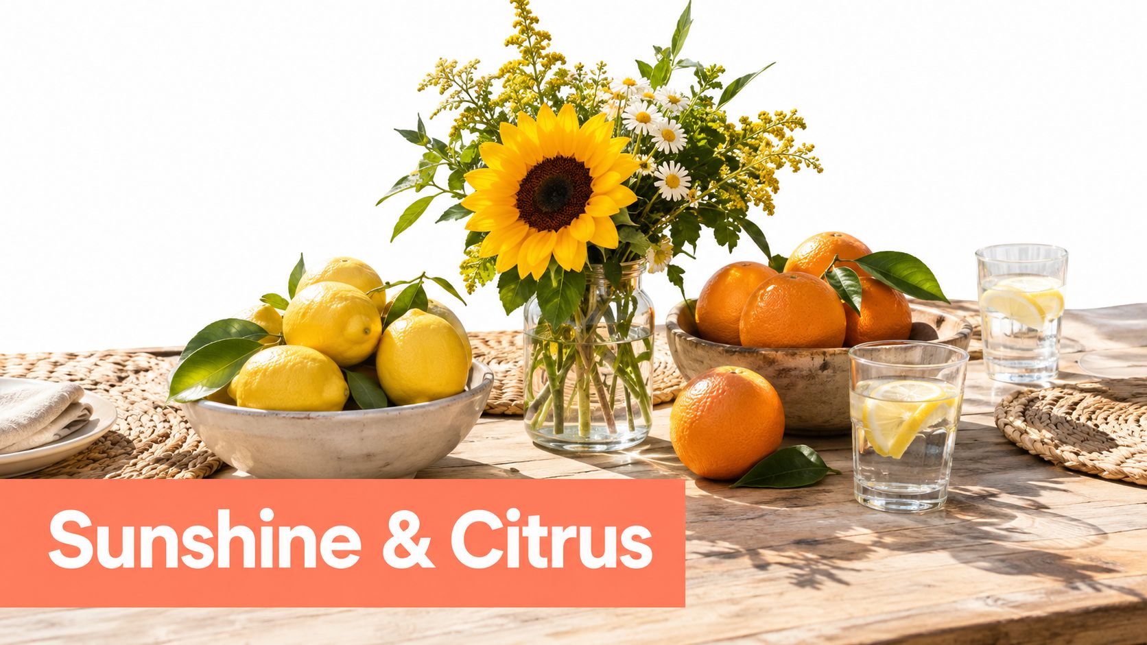 A rustic outdoor table setup featuring a vase of sunflowers, bowls of fresh lemons and oranges, and glasses of lemon water.