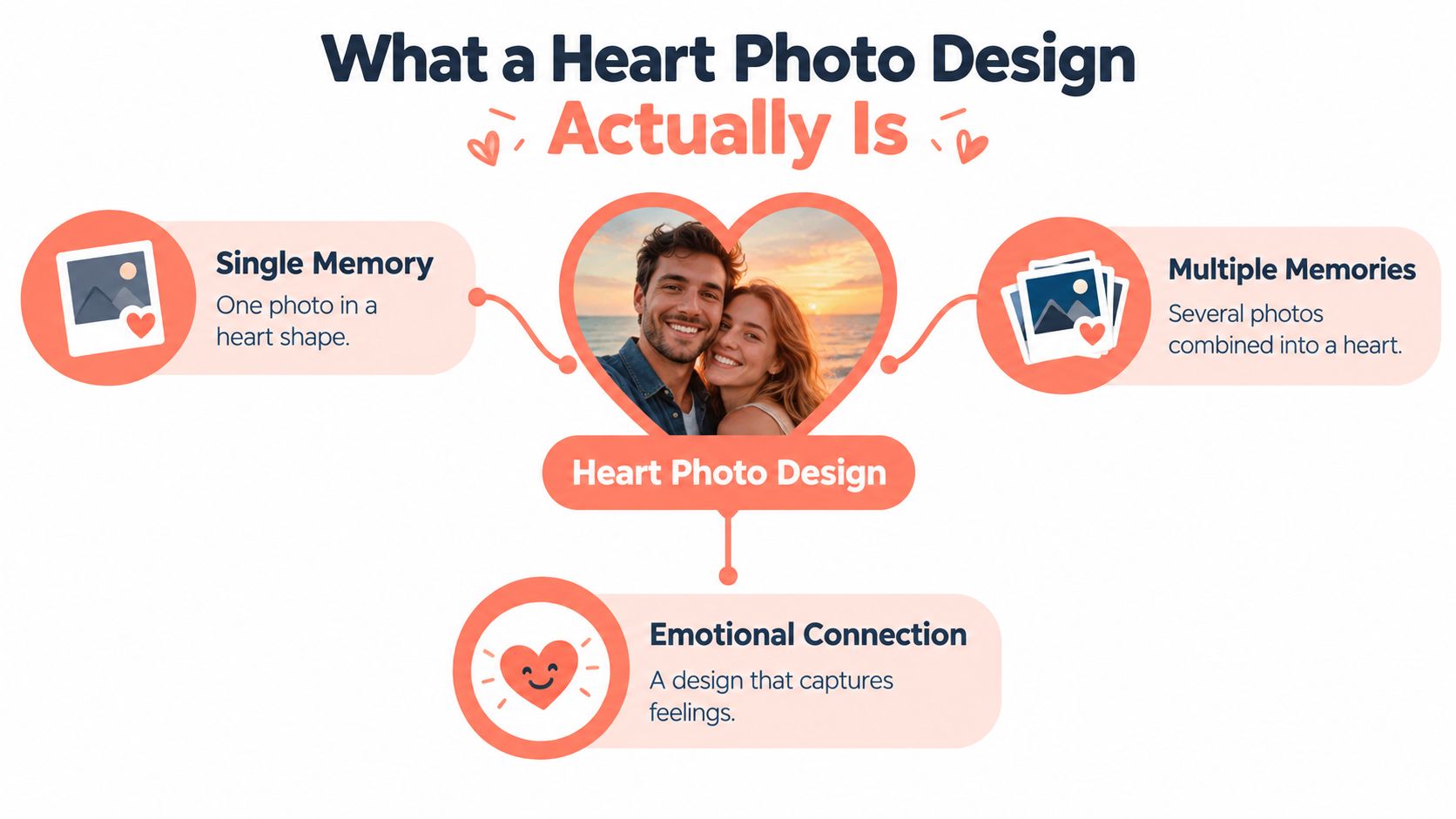 An infographic explaining that heart photo designs represent single memories, multiple memories, and emotional connections.