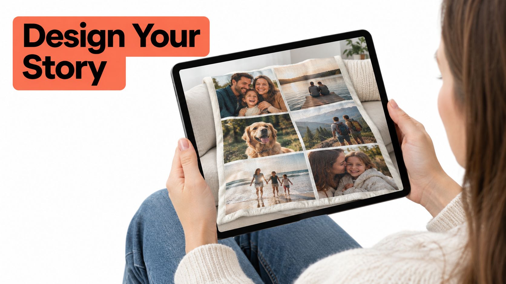 A person holding a tablet displaying a custom photo collage blanket design for a personalized gift.