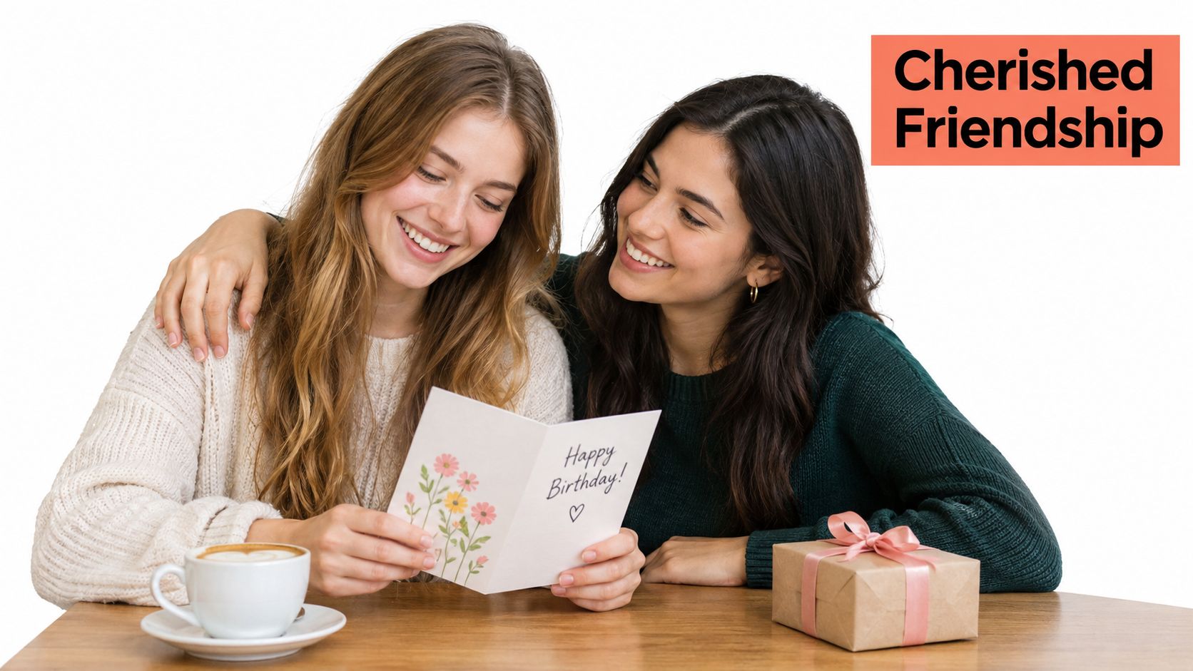 A woman smiling as her friend reads a floral Happy Birthday greeting card at a wooden table.