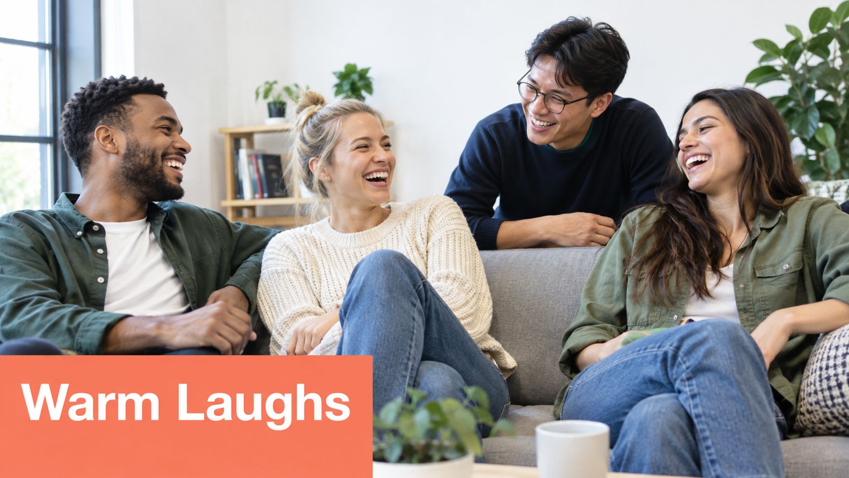 A group of four diverse friends laughing together while sitting on a couch in a living room.