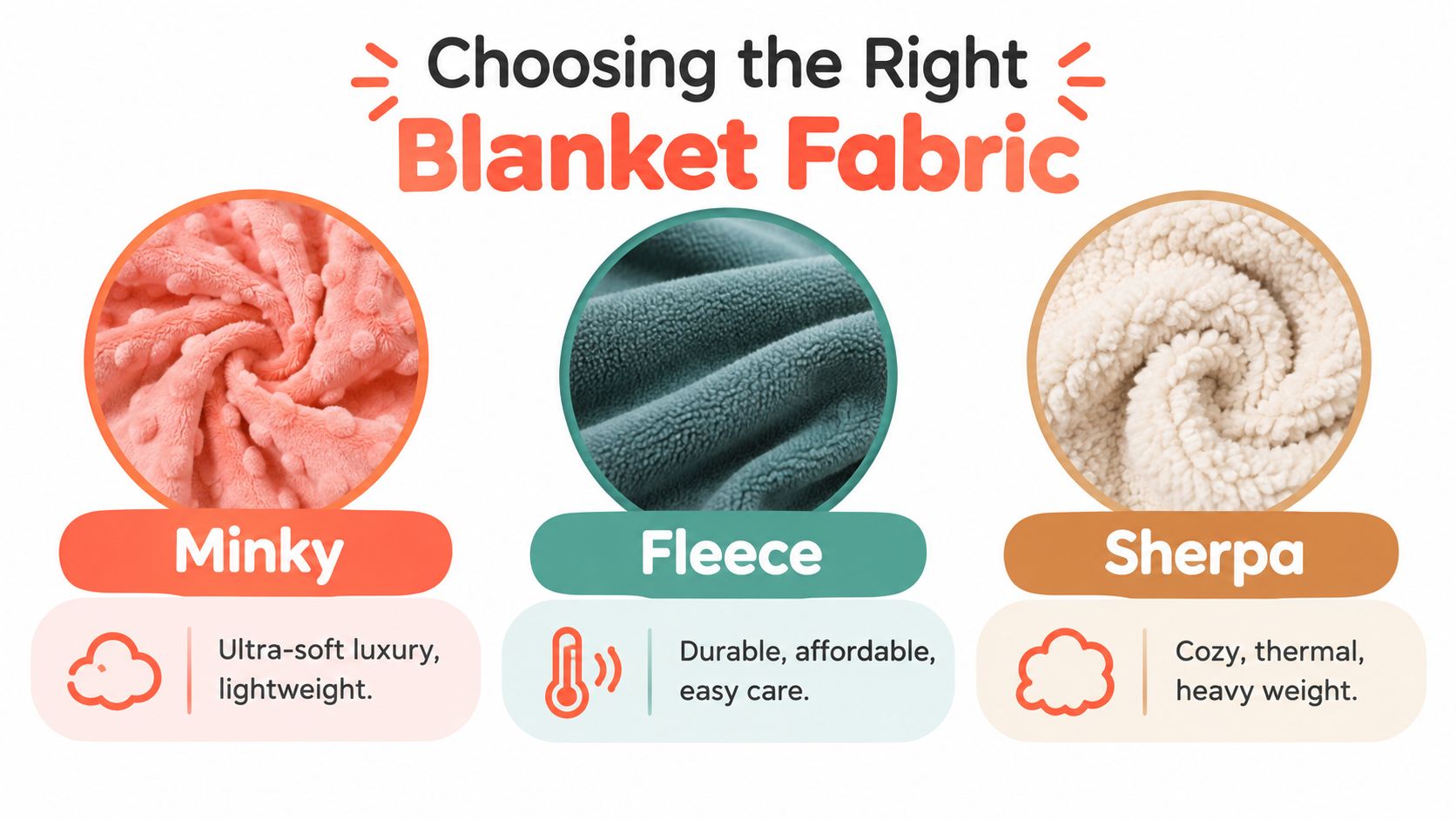 A comparison guide for blanket fabrics showing Minky, Fleece, and Sherpa with their key characteristics.