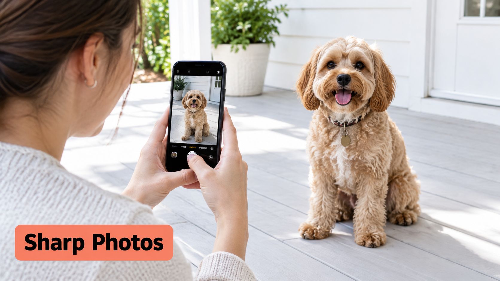 A woman taking a photo of a cute fluffy puppy sitting on a porch with her phone.