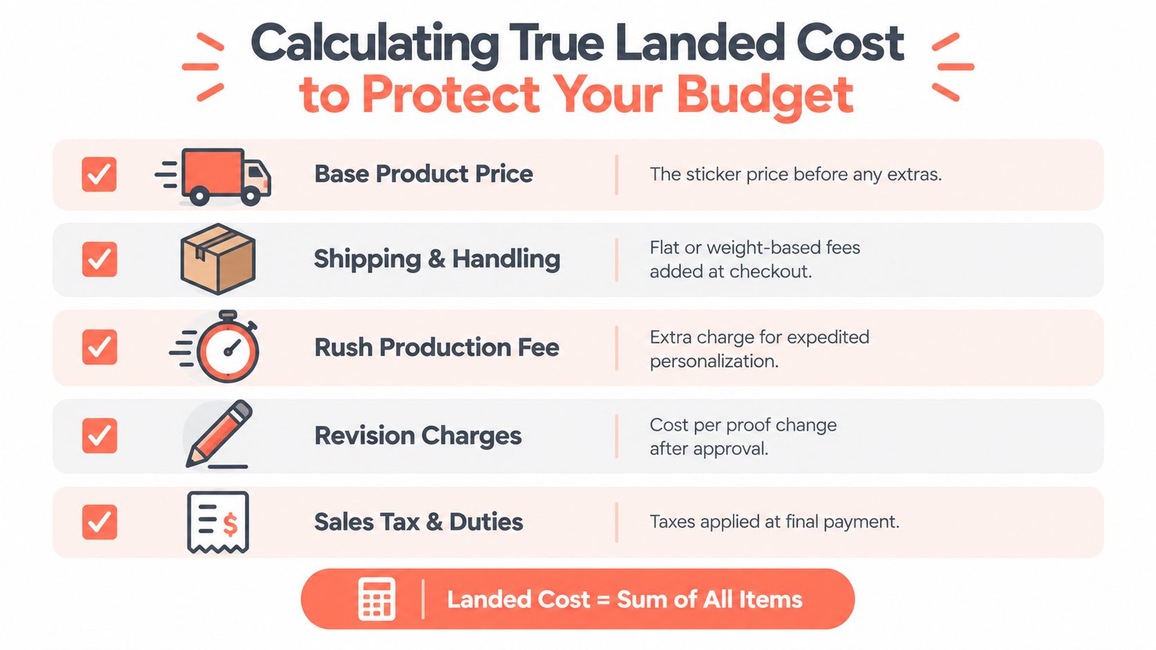 An infographic illustrating how to calculate the total landed cost of products including various hidden business expenses.