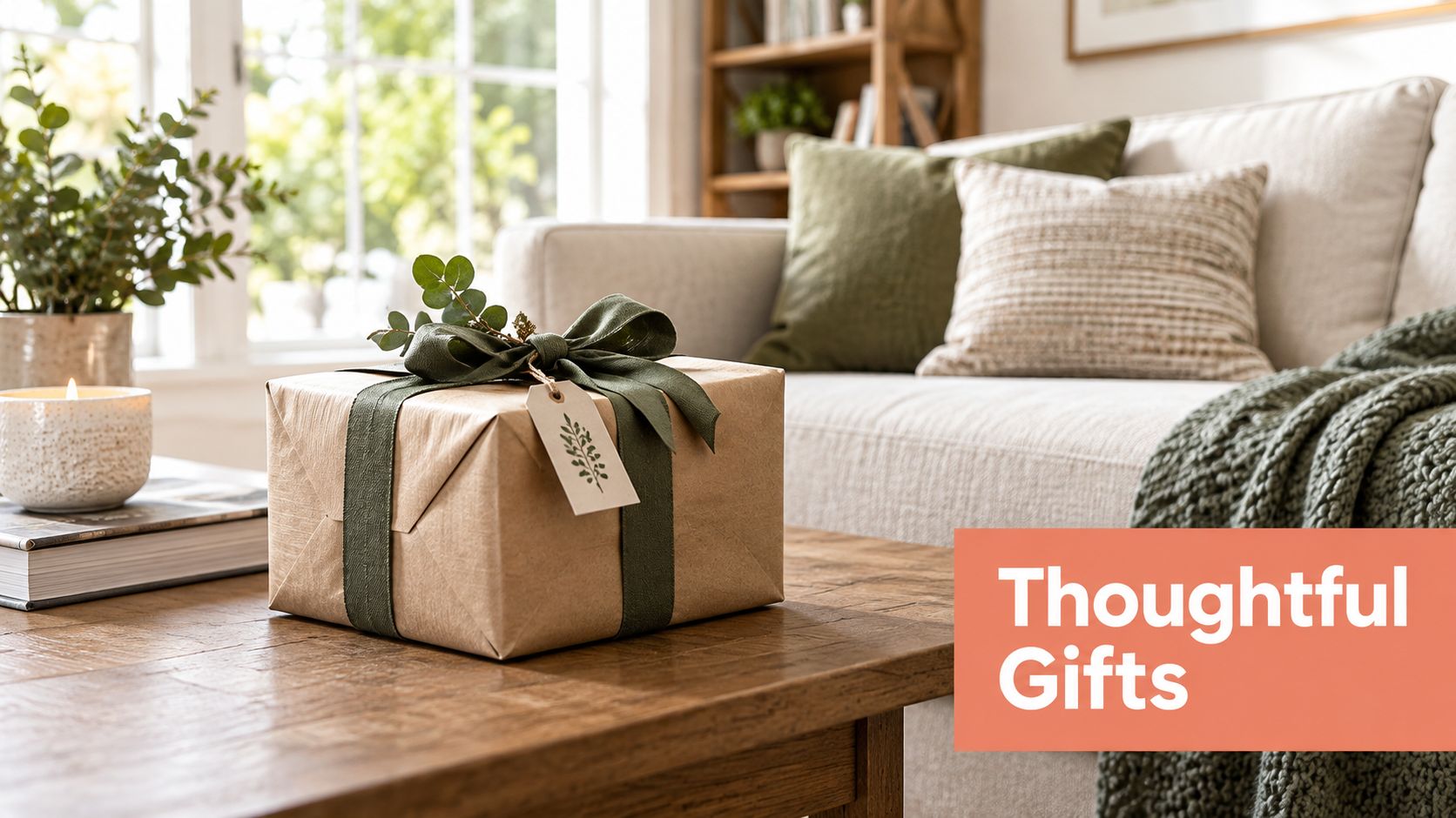 A wrapped gift box with a green ribbon and tag on a rustic wooden coffee table.