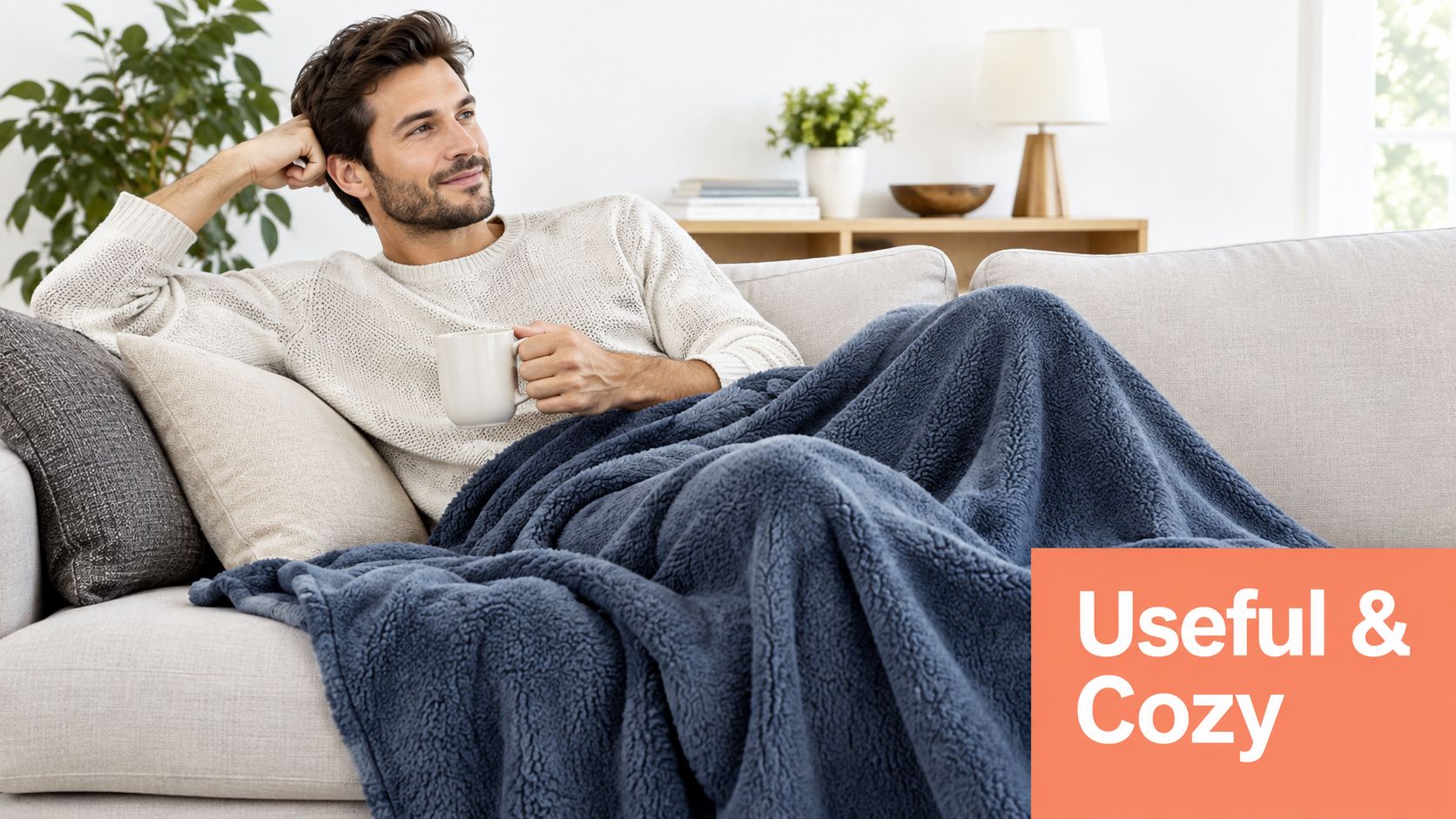 A man relaxing on a sofa covered with a warm blue blanket while holding a white mug.