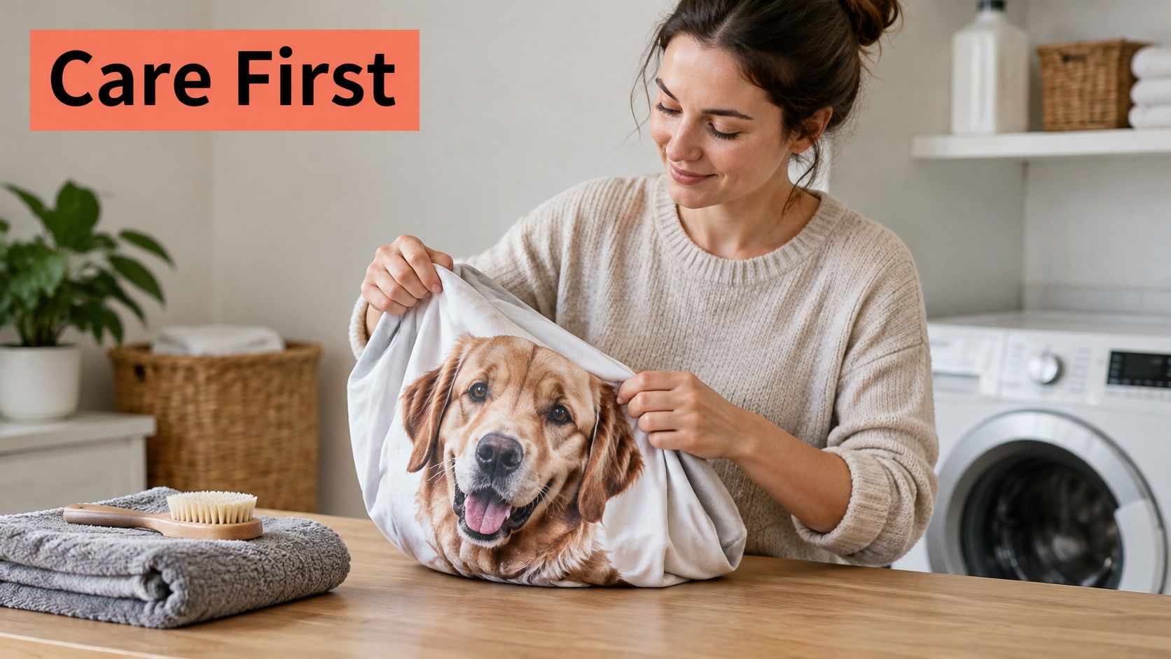 A woman holding a personalized pillow with a printed golden retriever photo in her laundry room.