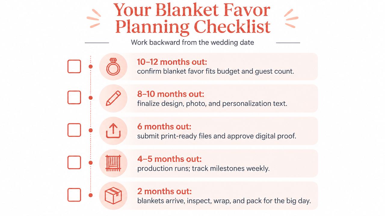 A wedding planning timeline checklist for ordering personalized blanket favors organized by months before the event.