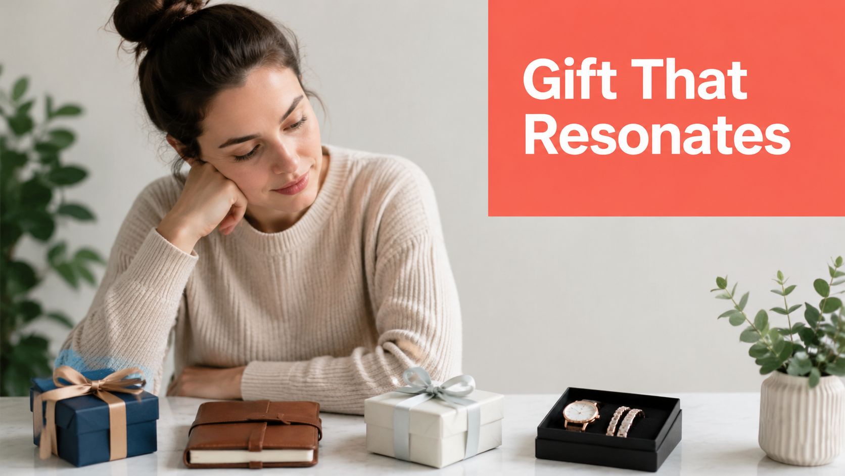 A woman looks at various gifts laid out on a table, including a watch and notebooks.