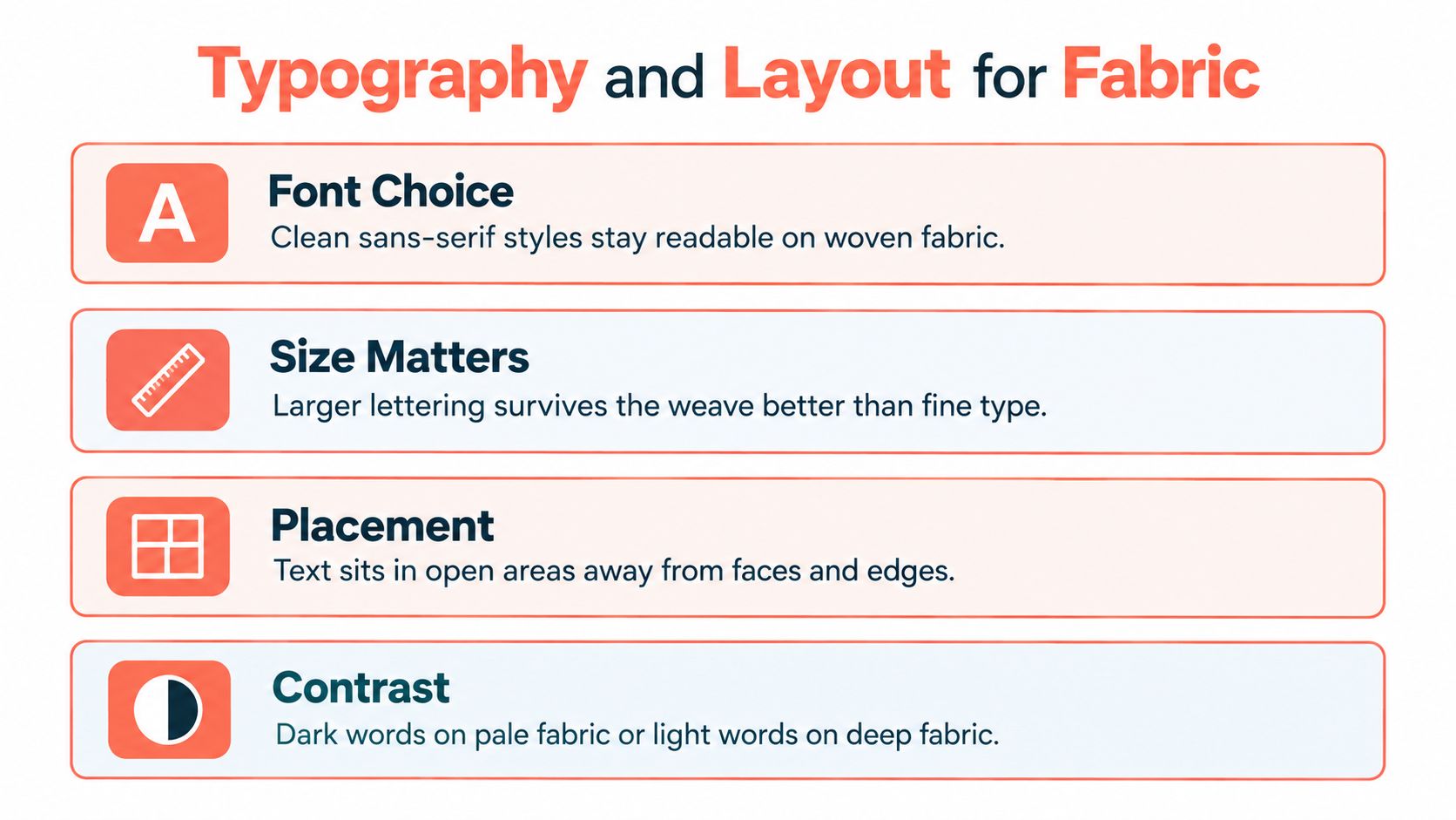 A design infographic titled Typography and Layout for Fabric, listing four essential tips for readable custom fabric lettering.