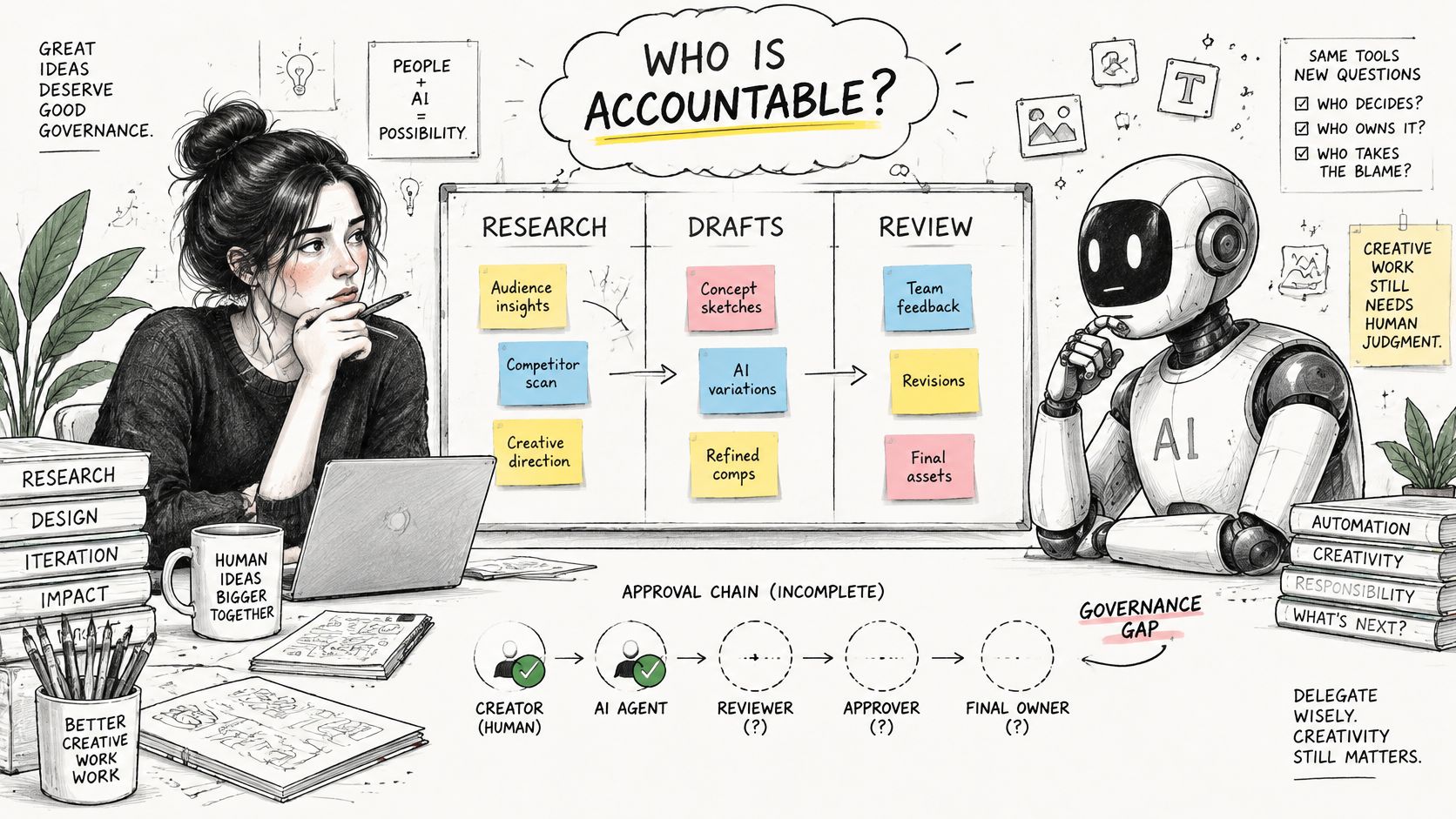 A woman and an AI robot working together on a collaborative creative design project management workflow process.