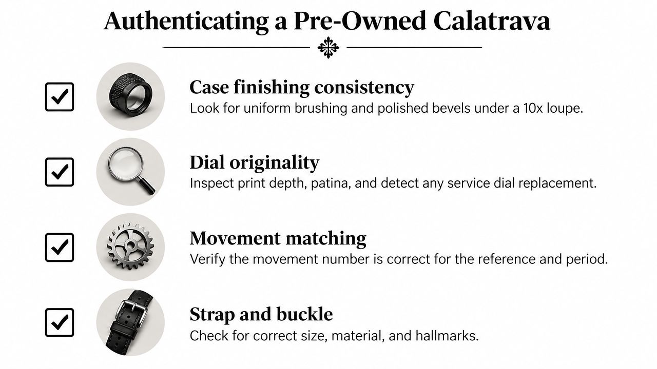 A checklist infographic titled Authenticating a Pre-Owned Calatrava with tips for verifying watch authenticity.