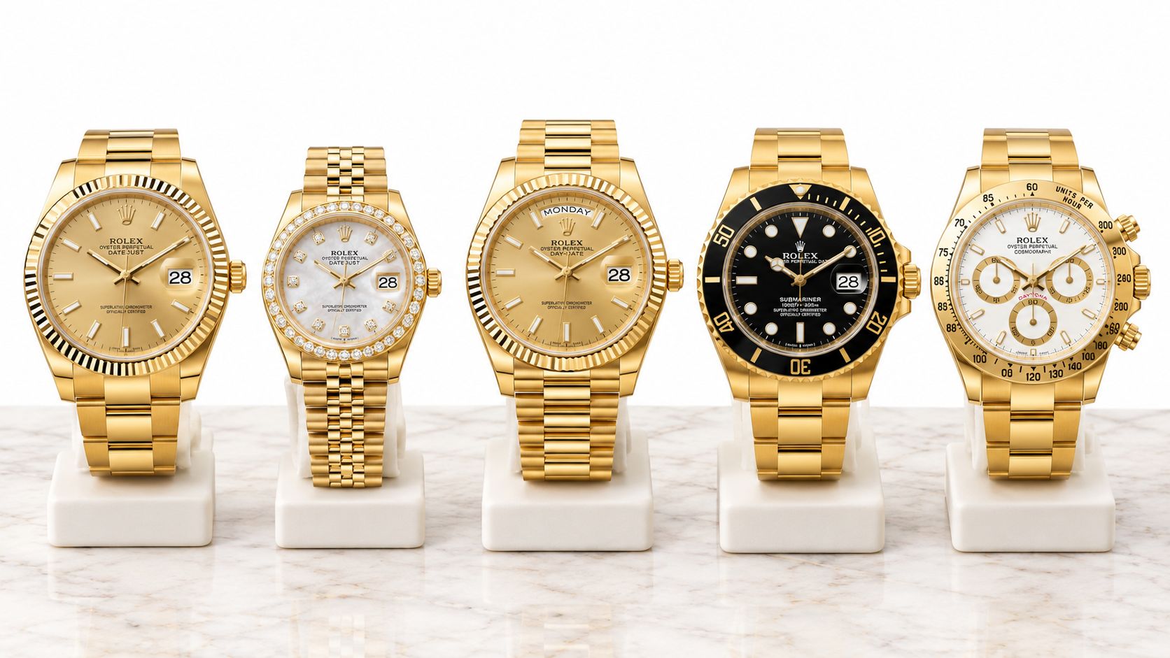A display of five luxury gold Rolex wristwatches standing on white stands on a marble surface.