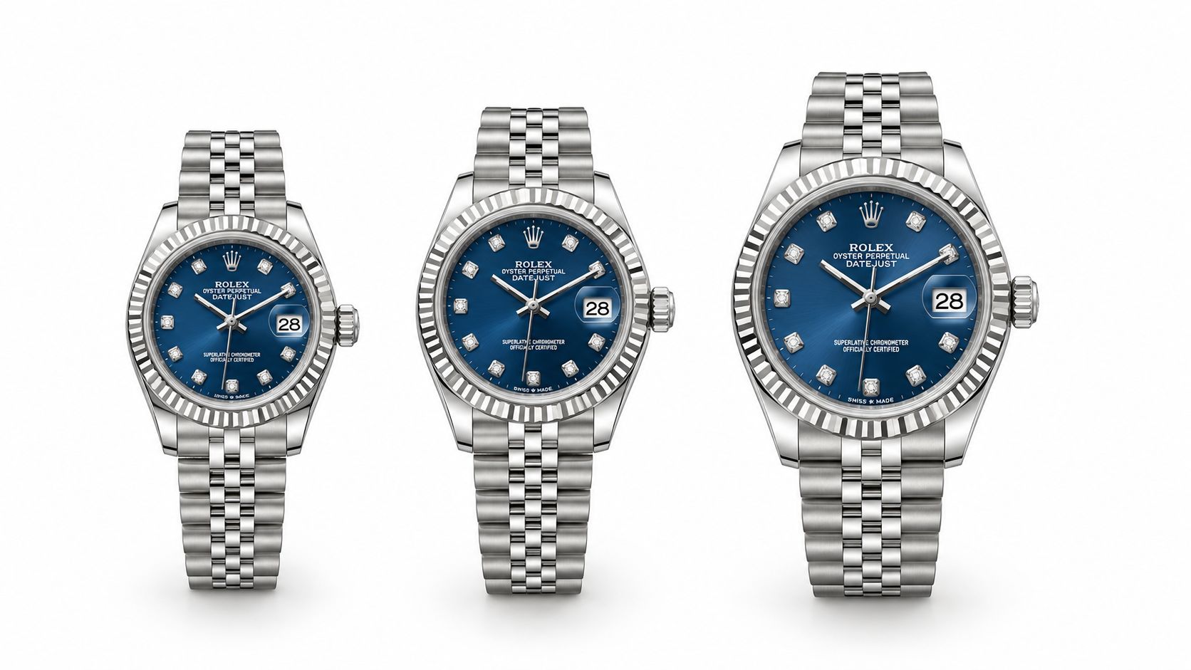 Three Rolex Lady-Datejust watches with blue dials, diamond hour markers, and silver Jubilee bracelets on a white background