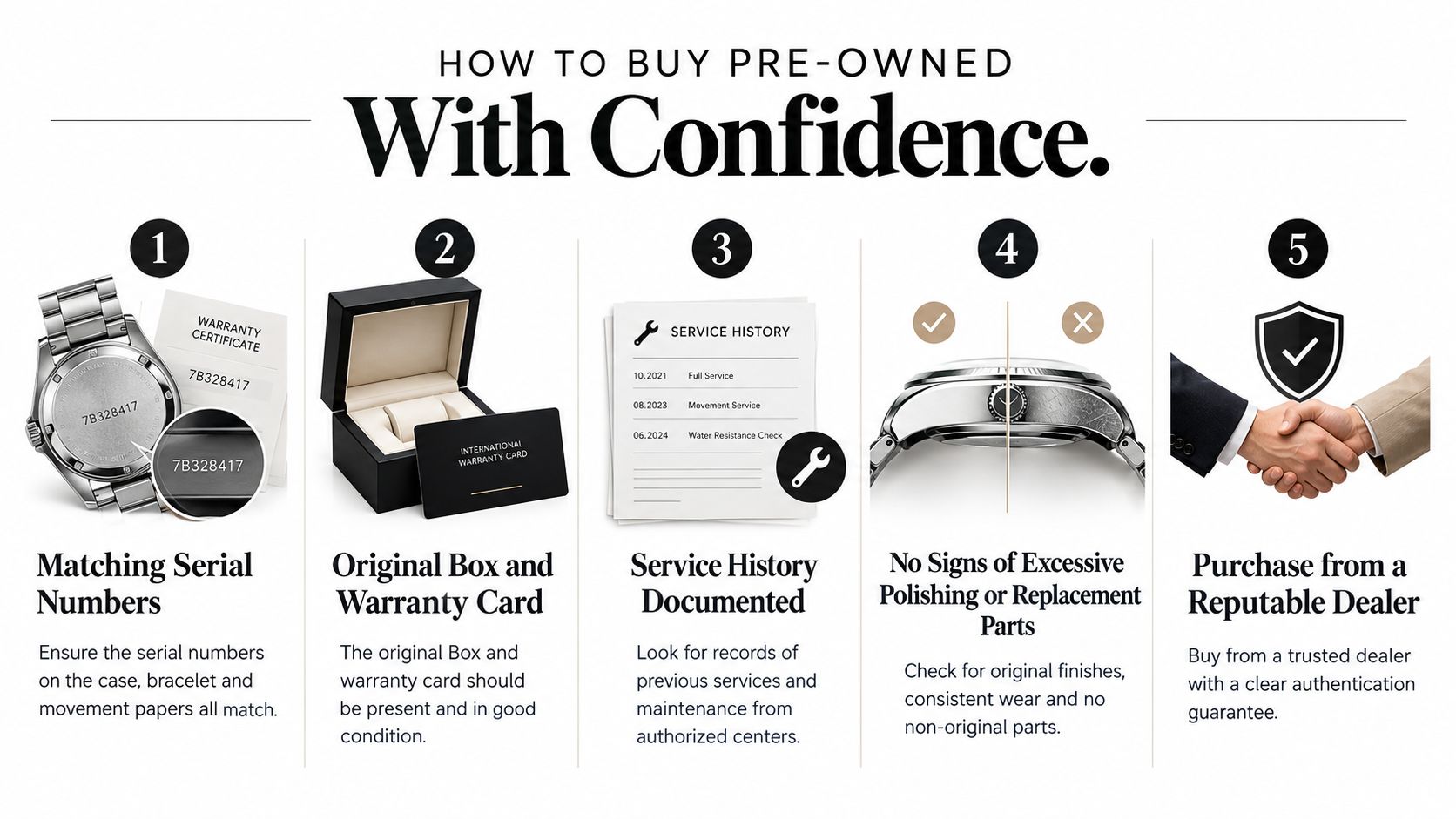 An infographic titled How to Buy Pre-Owned With Confidence featuring five steps for purchasing luxury watches.