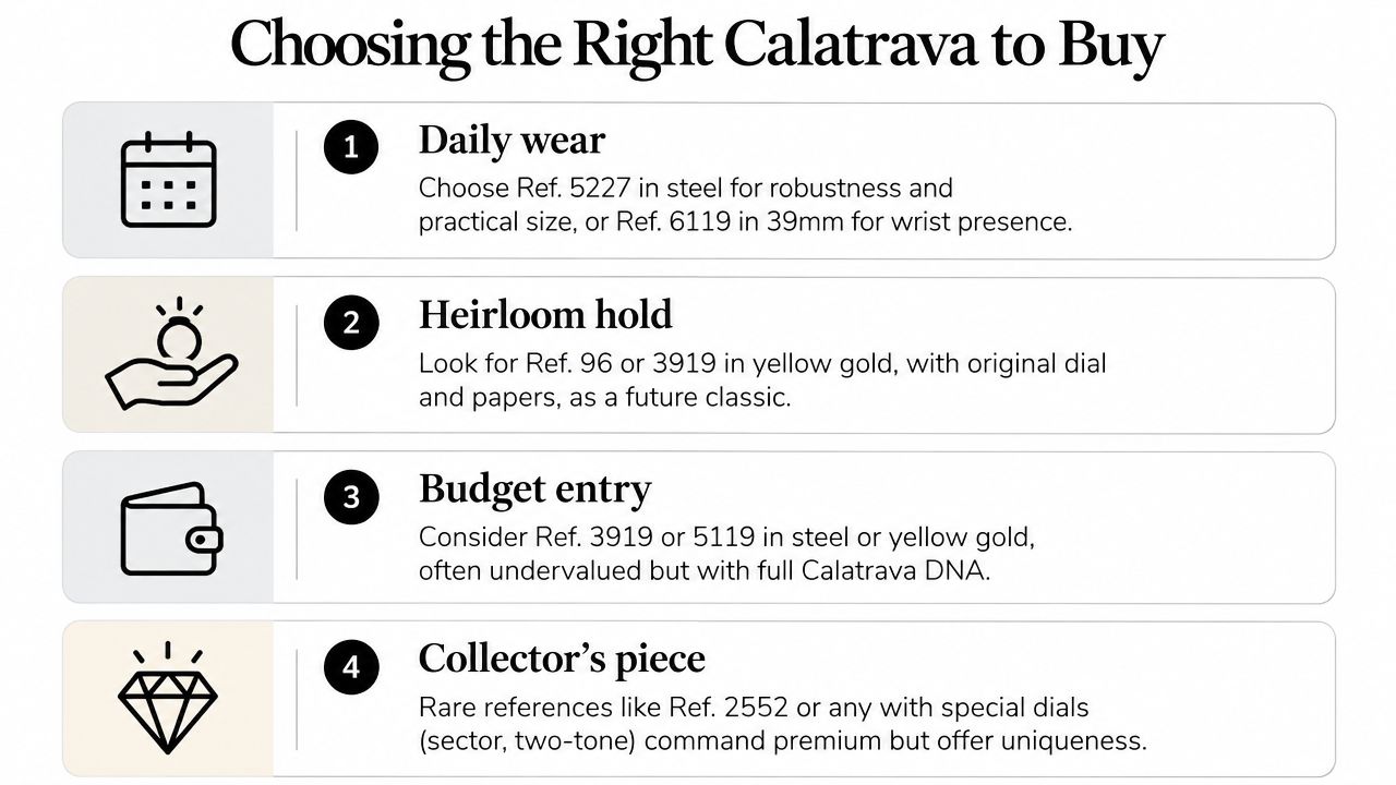 A guide listing four types of Patek Philippe Calatrava watches for different buyer needs and preferences.