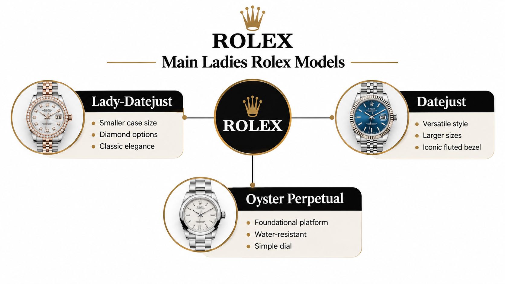 An infographic showing the main ladies Rolex watch models including the Lady-Datejust, Datejust, and Oyster Perpetual.