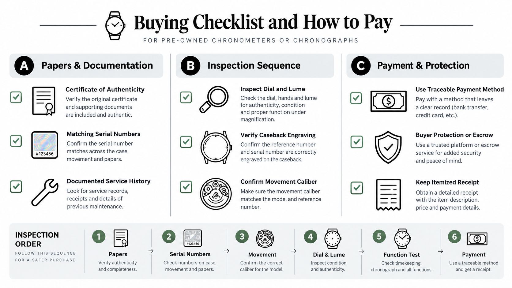 A comprehensive checklist for buying pre-owned chronometers or chronographs, outlining documentation, inspection steps, and secure payment methods.