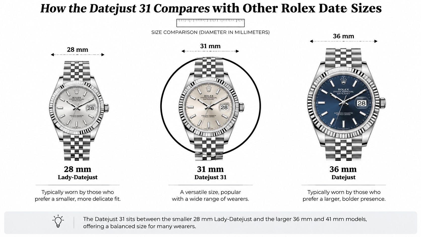 Size comparison of Rolex Datejust 28, 31 and 36 mm watches