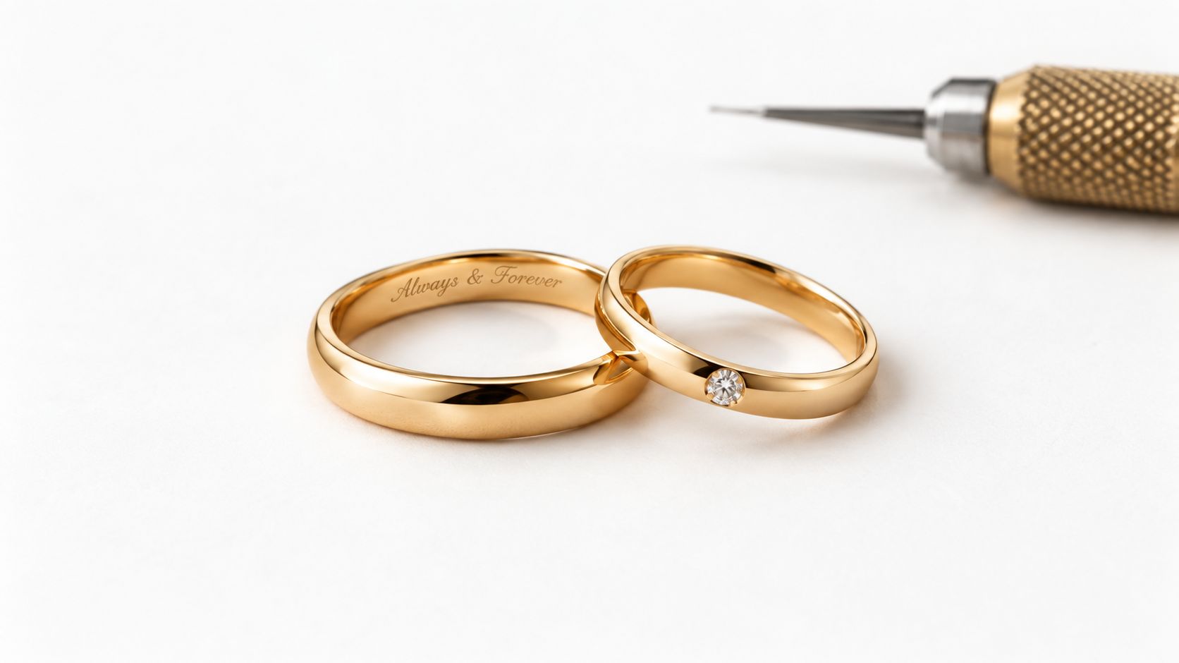 Two gold wedding bands featuring a diamond inlay and an engraved Always and Forever message near a tool.