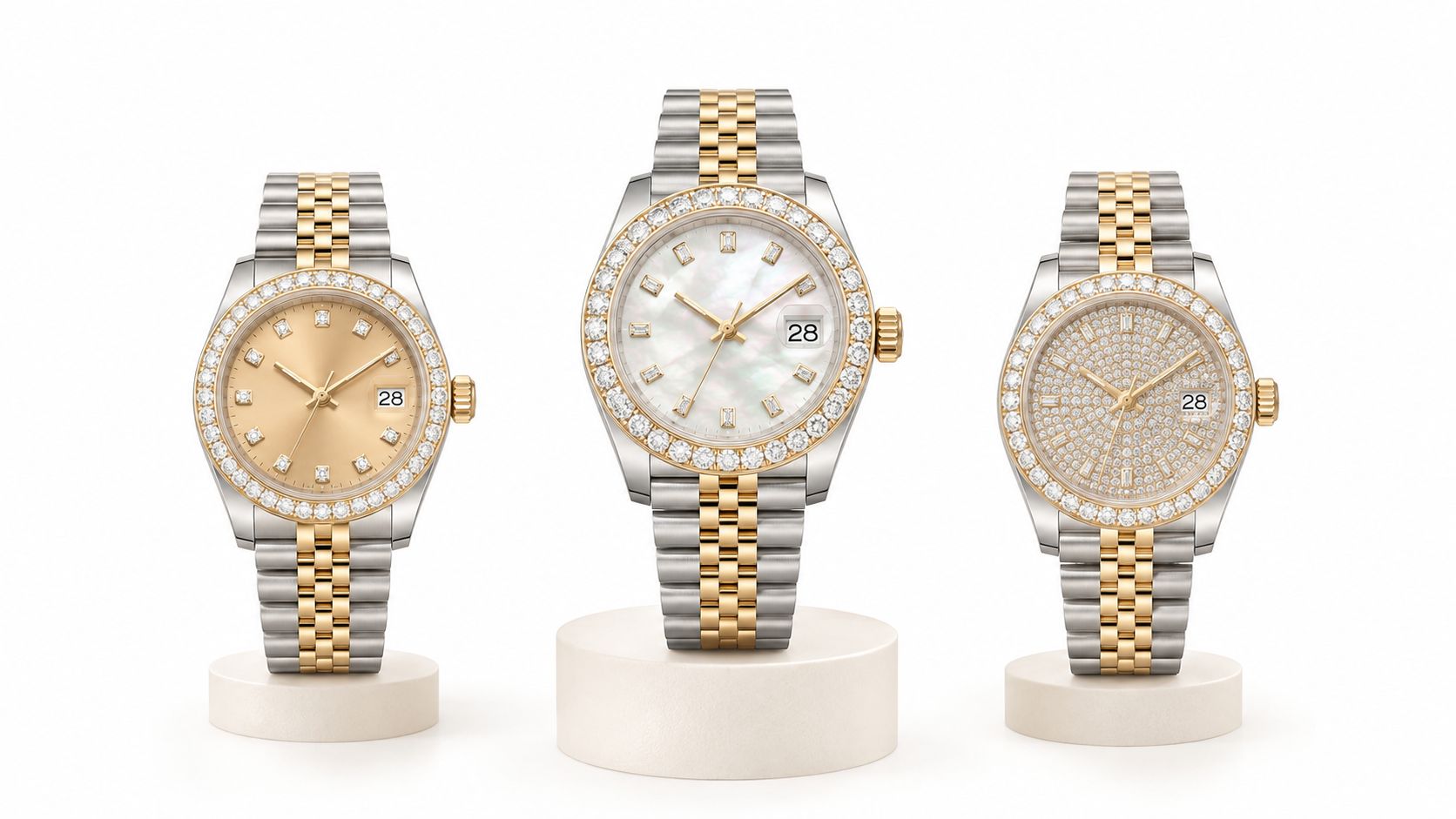Three ladies Rolex watches with diamond bezels on white pedestals