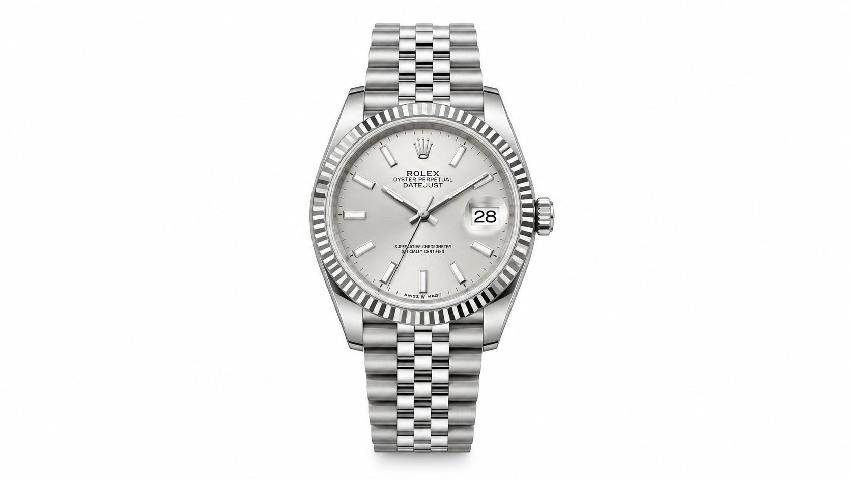 A silver Rolex Datejust 31 luxury wristwatch featuring a fluted bezel and a comfortable Jubilee link bracelet.