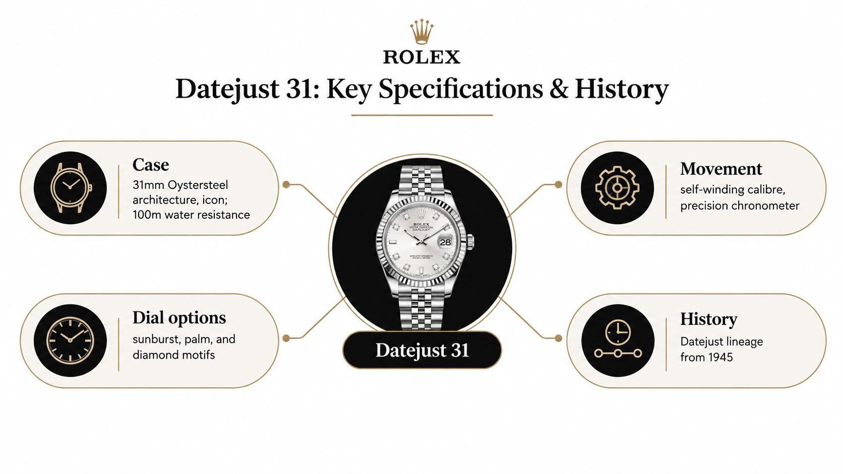 An infographic detailing key specifications and history of the Rolex Datejust 31 watch, featuring dial and movement details.