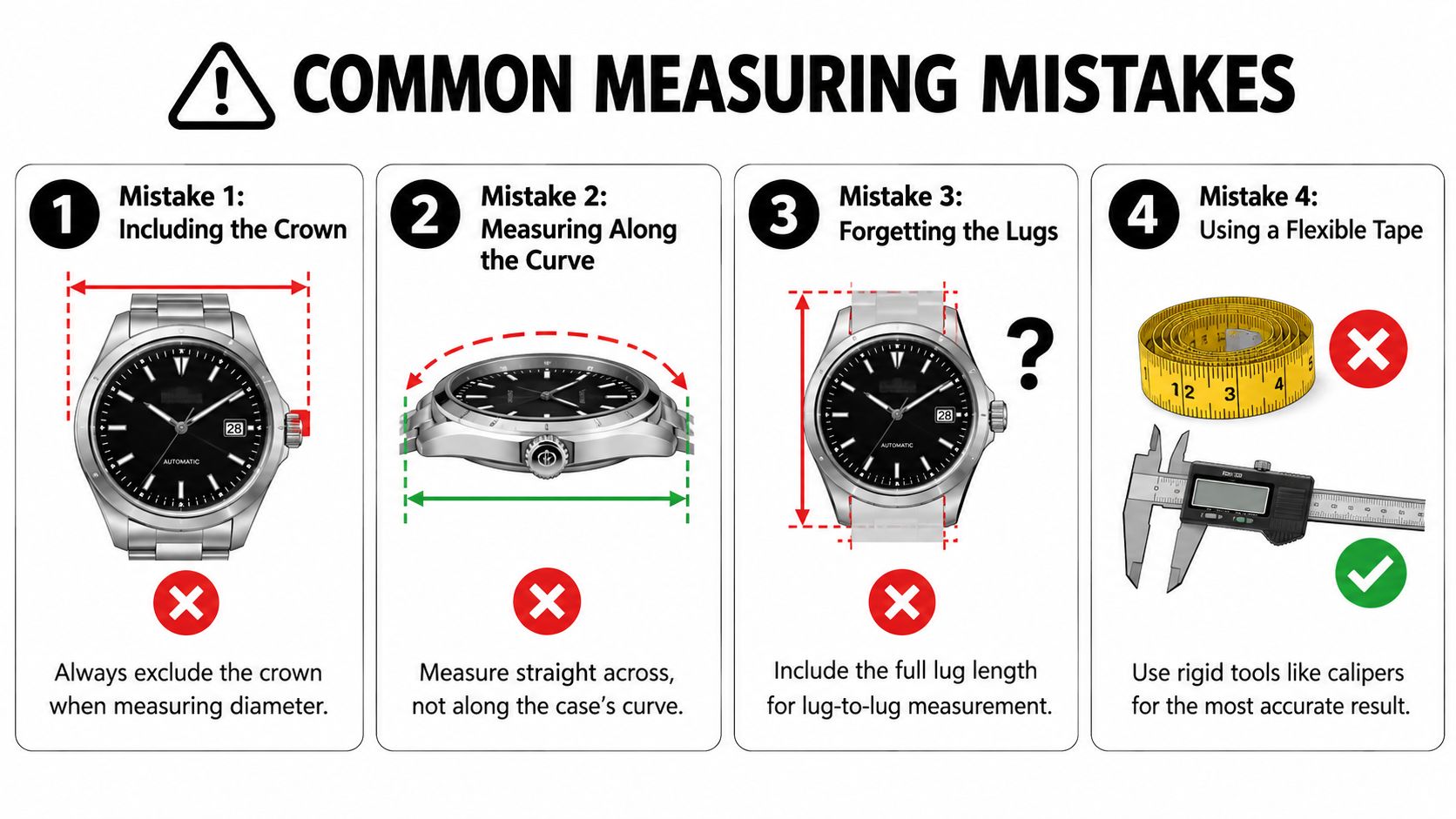 An infographic illustrating four common mistakes to avoid when measuring a wristwatch case and lug length.