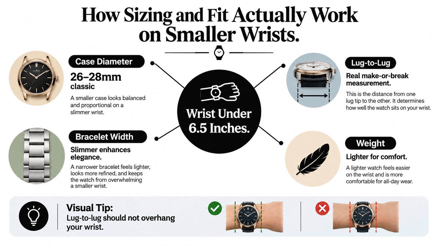 An infographic showing guidelines for choosing watch sizes and fits for wrists smaller than 6.5 inches.