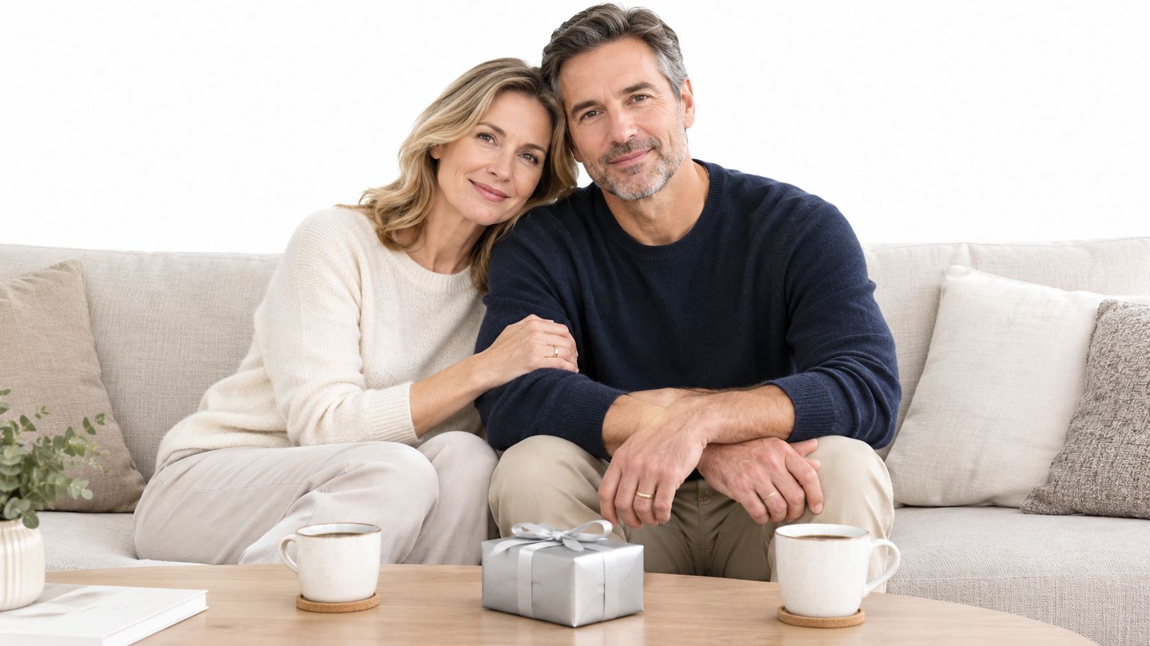 A happy middle-aged couple sitting on a couch behind a table with coffee mugs and a gift.