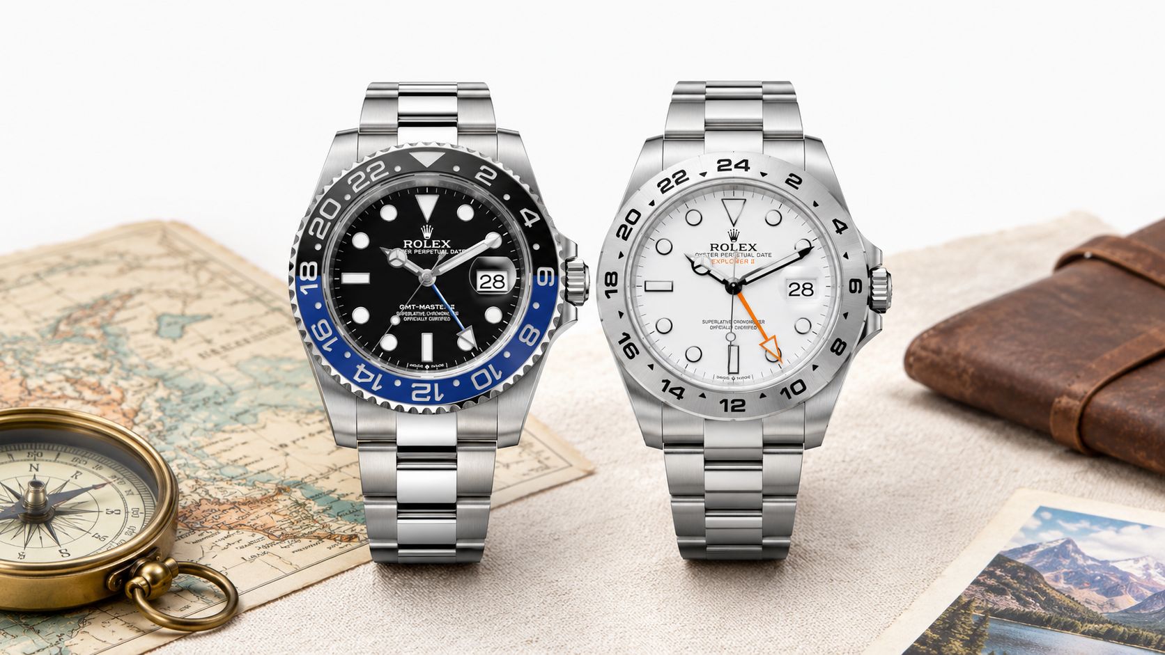 A Rolex GMT-Master II with a black and blue bezel next to a white dial Rolex Explorer II.