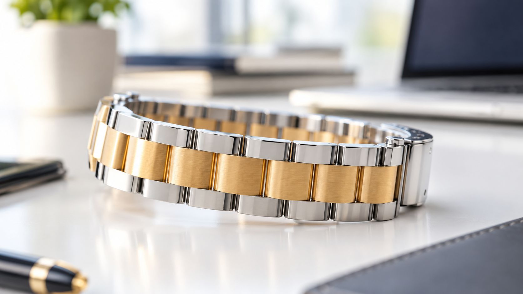 A detailed close-up of a two-tone watch bracelet with a three-piece link design, resting on a white surface.