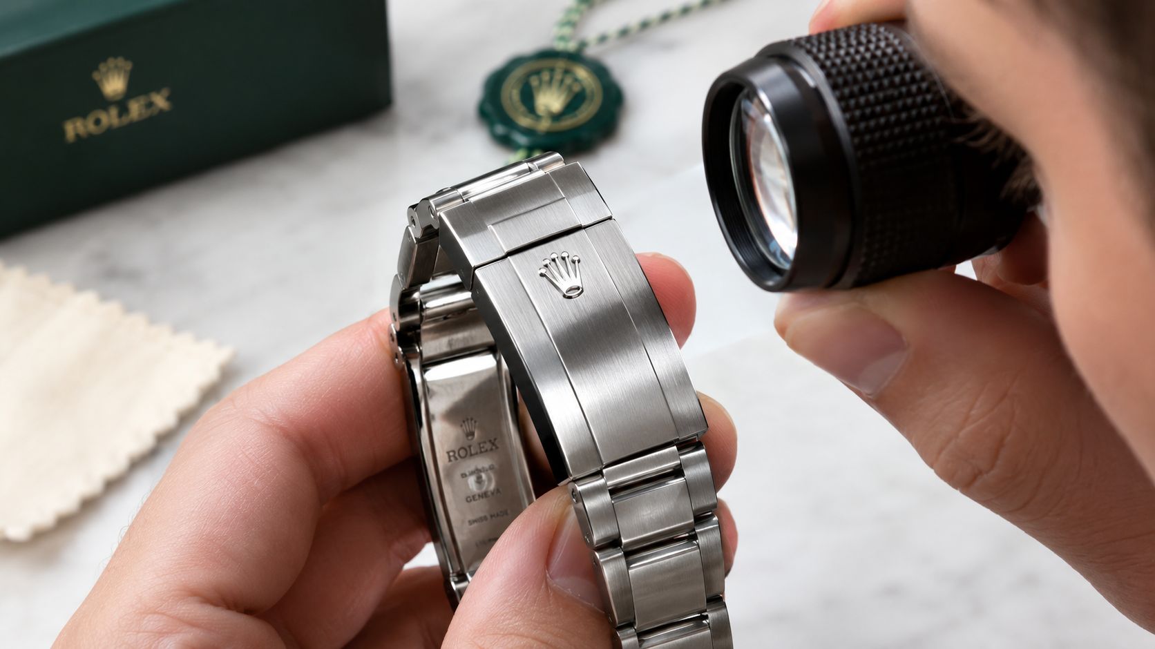A close-up of a jeweler inspecting a Rolex Oysterlock clasp with a loupe to verify its authenticity.