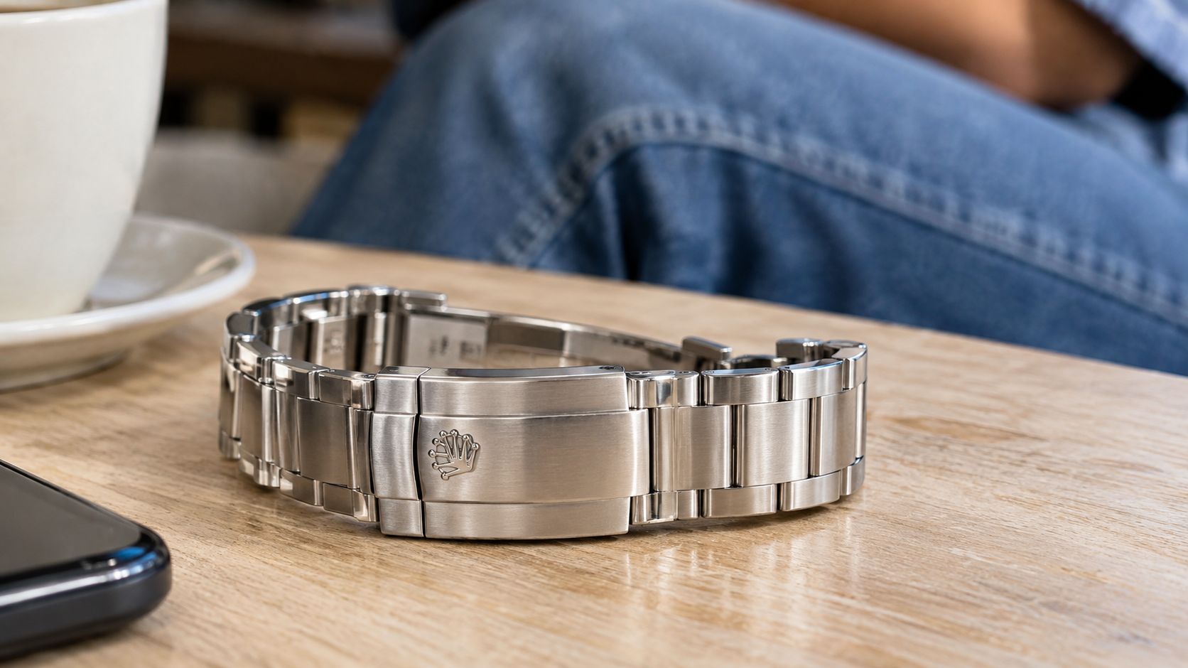 A close-up of a silver stainless steel Oyster watch bracelet on a wooden table, with blurred blue jeans in the background.