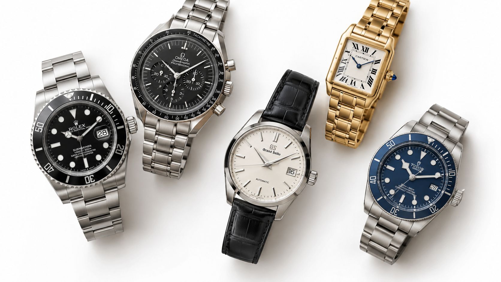 A collection of several popular Rolex watch models displayed elegantly on a dark, textured background.