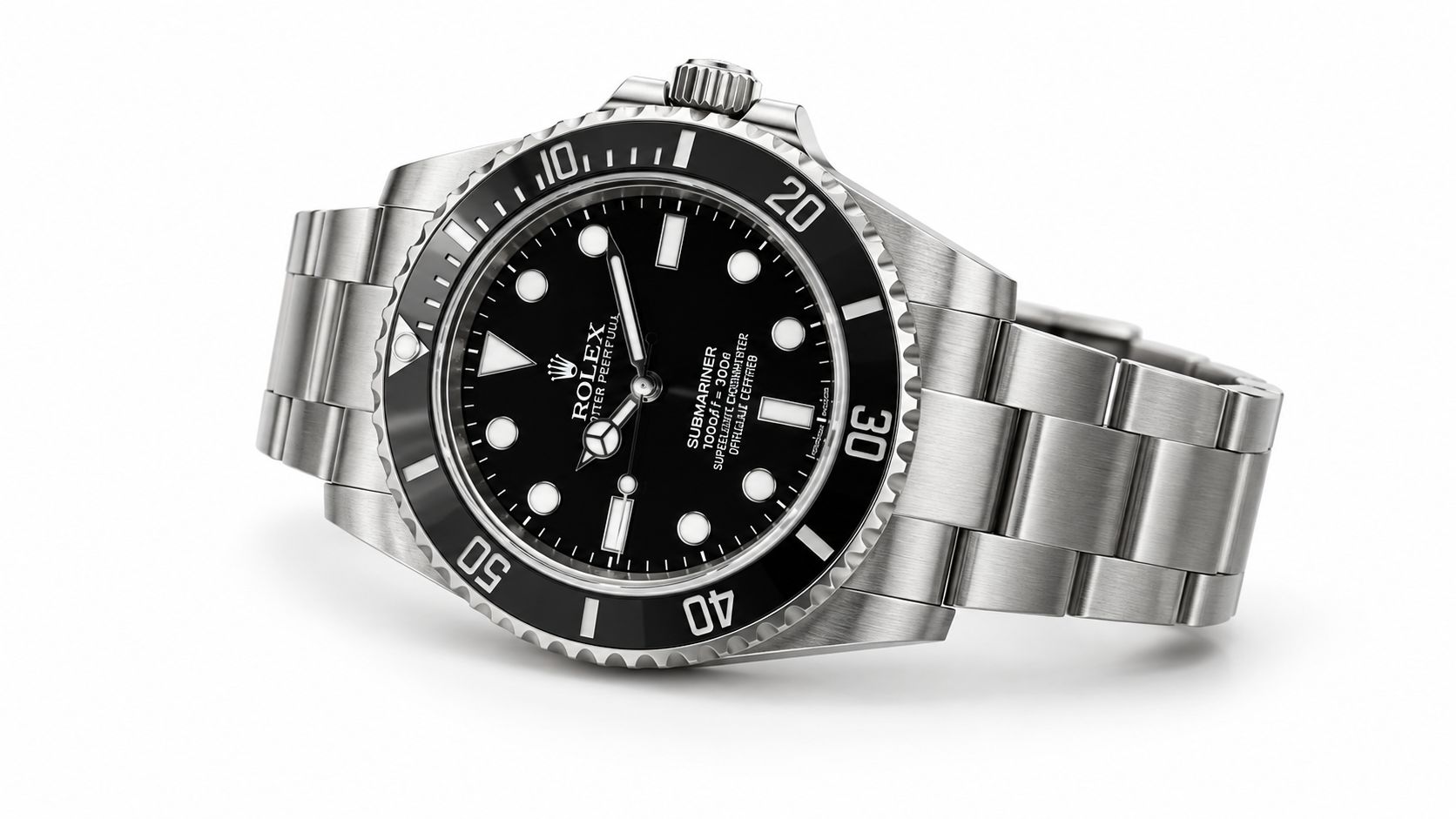A classic Rolex Submariner dive watch with its black dial and bezel resting on a dark, sophisticated surface.