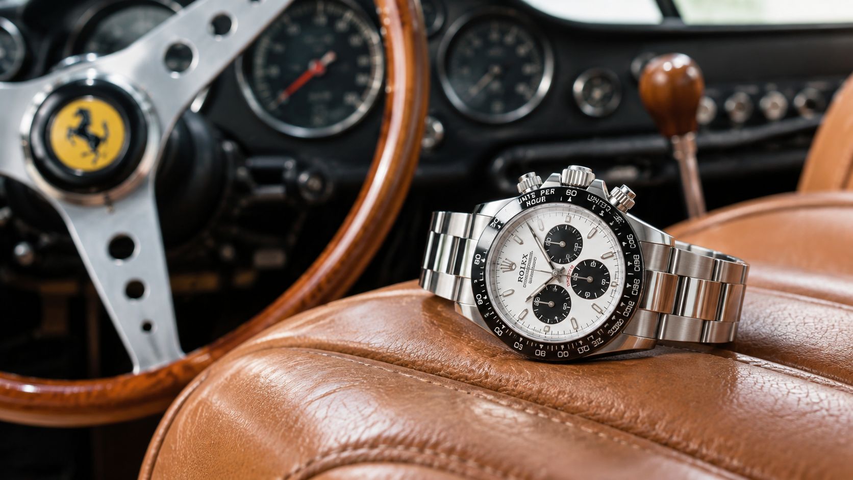 A Rolex Daytona chronograph watch resting on the leather seat of a vintage race car.