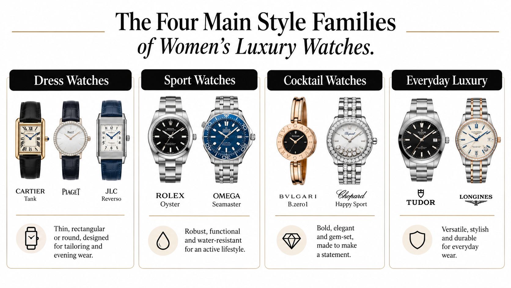 An infographic showing the four main style families of women's luxury watches with example models.