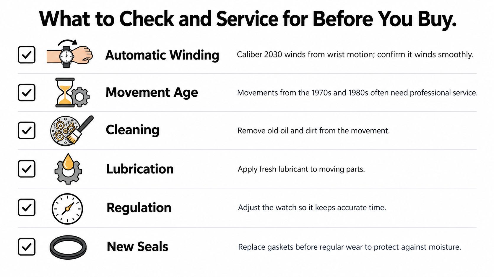 A checklist infographic outlining essential watch maintenance steps like cleaning, lubrication, and seal replacement for vintage timepieces.