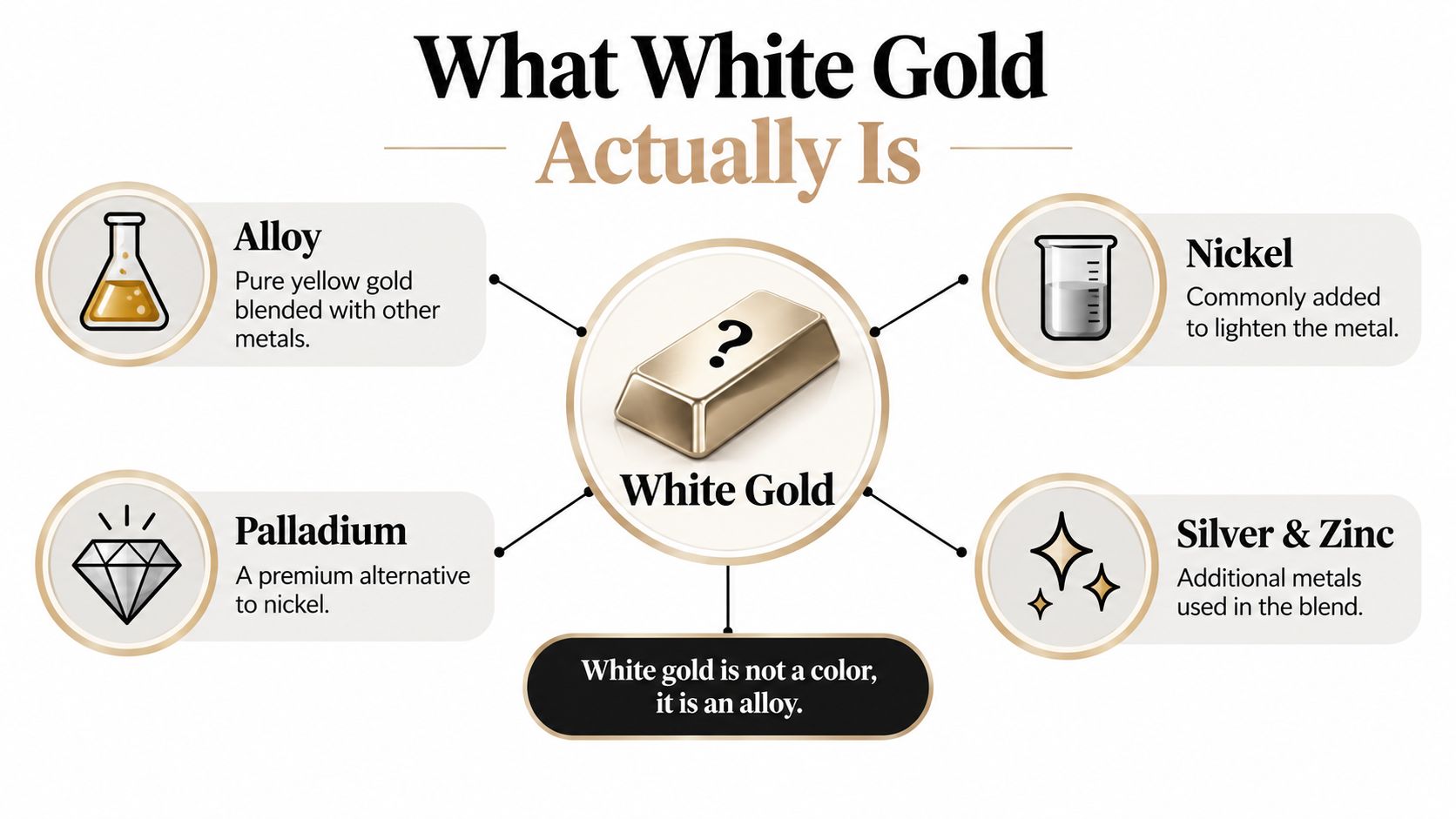 An infographic explaining that white gold is an alloy composed of yellow gold and other white metals.