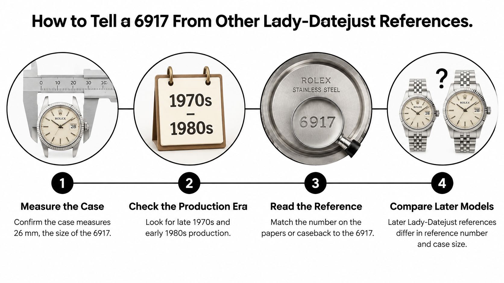 An infographic showing four steps to identify a Rolex 6917 Lady-Datejust watch by size and era.