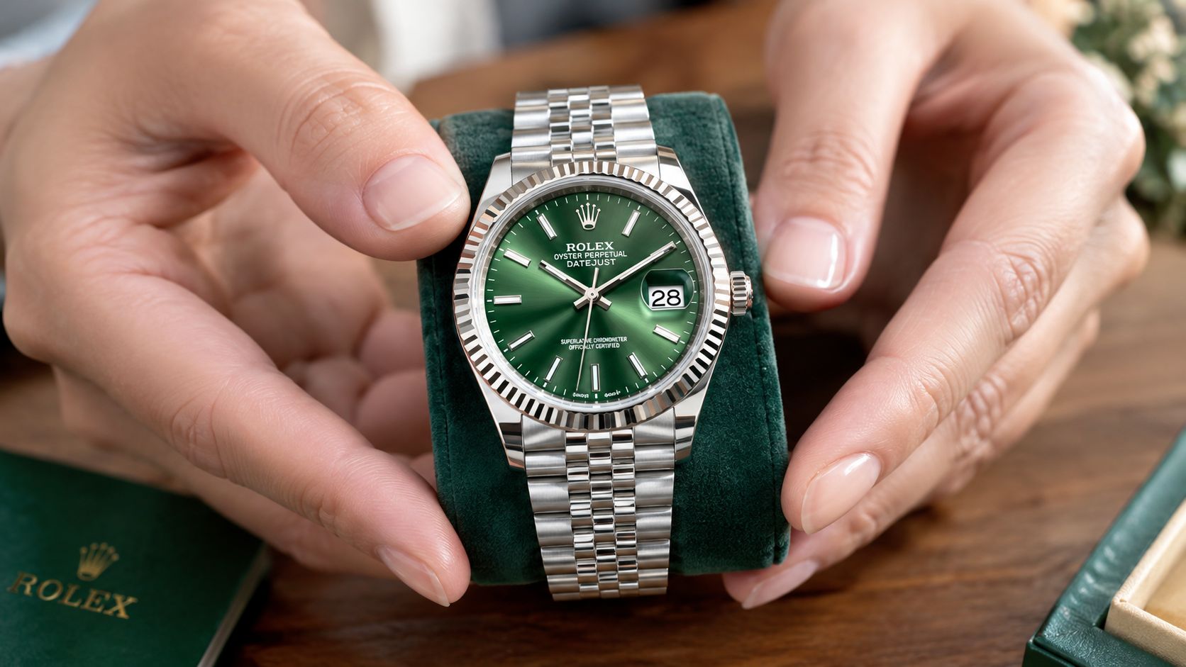 A close-up of a person's hands carefully handling a green-dial Rolex Datejust watch on a velvet display cushion.