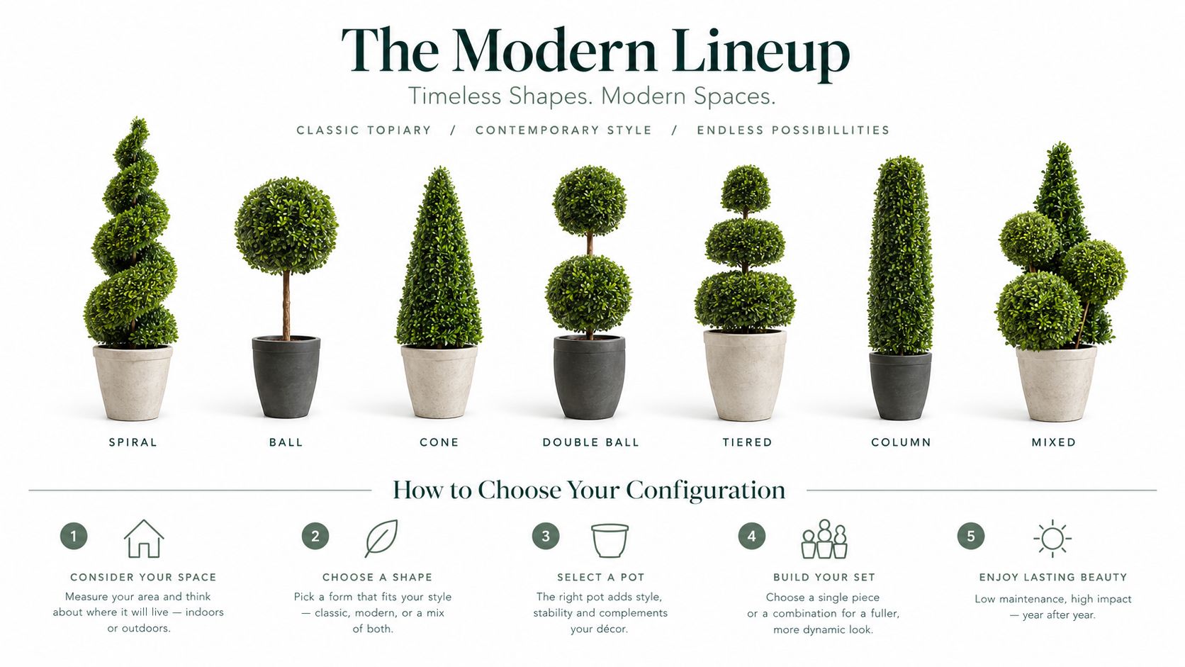A modern lineup of various green topiary shapes in pots, showcasing elegant, low-maintenance decorative plant options.